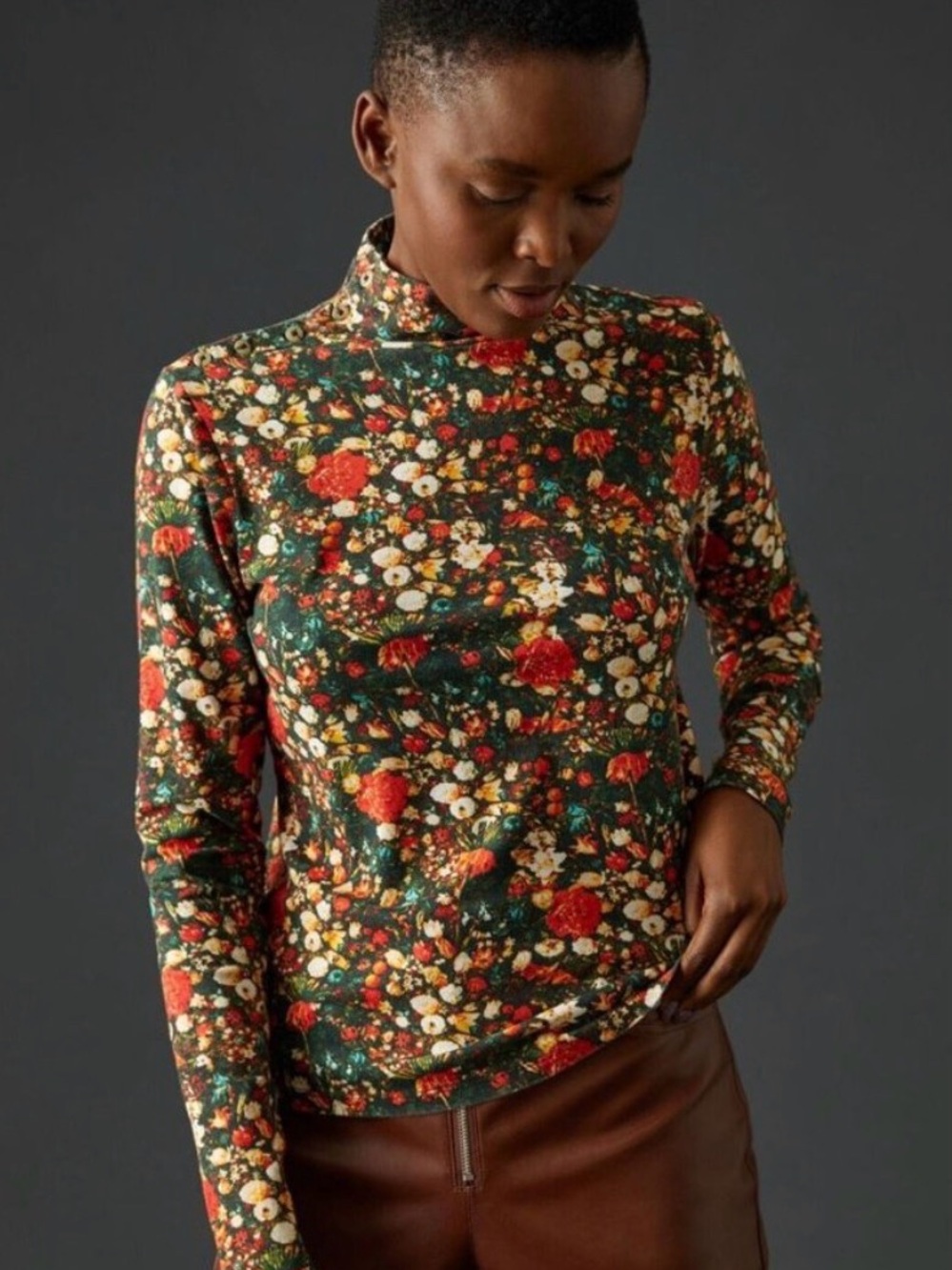 Maeve x Anthropologie Floral Turtleneck retro Black Motif Small Red Yellow Green